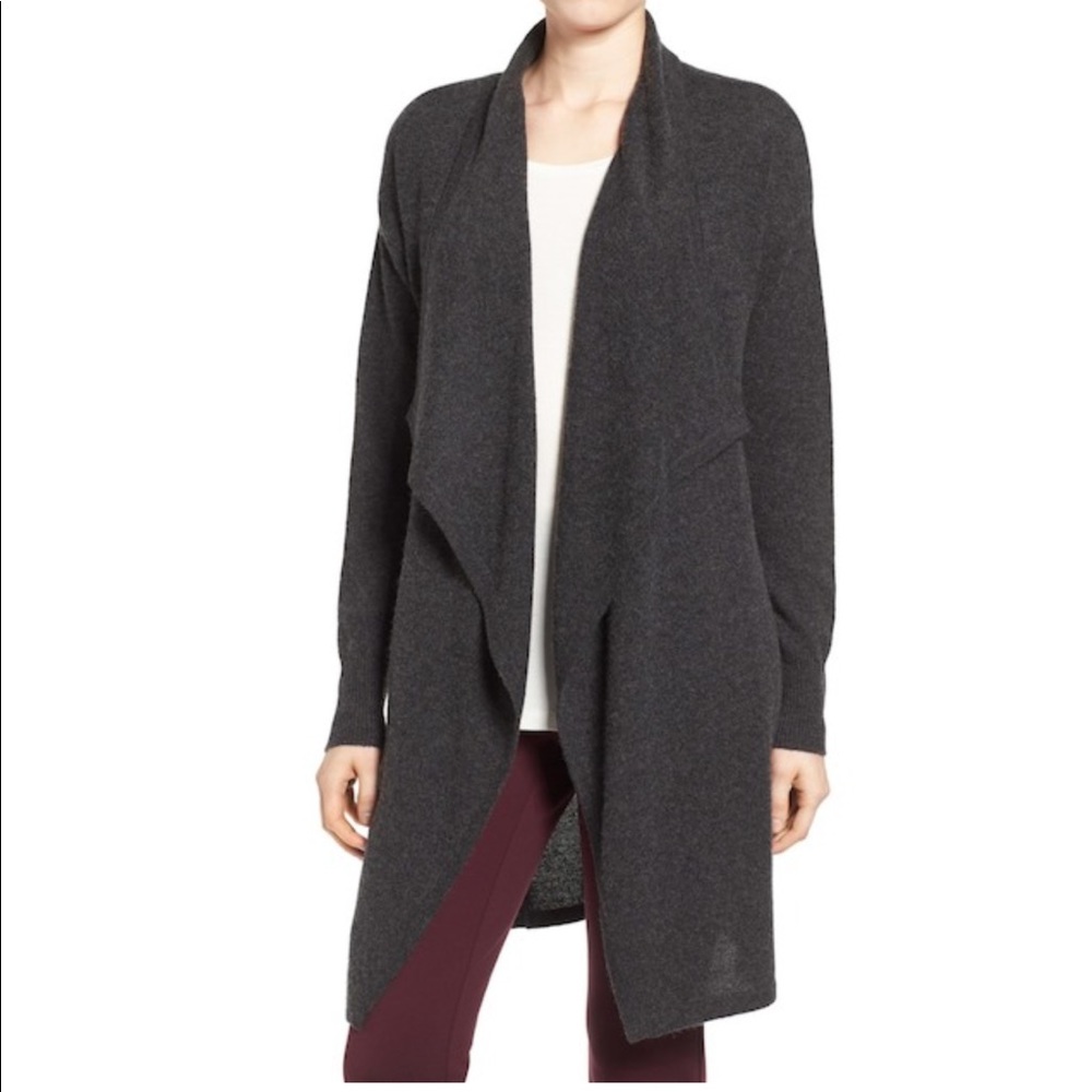 HALOGEN Cashmere Long Drape Front Gray Cardigan L